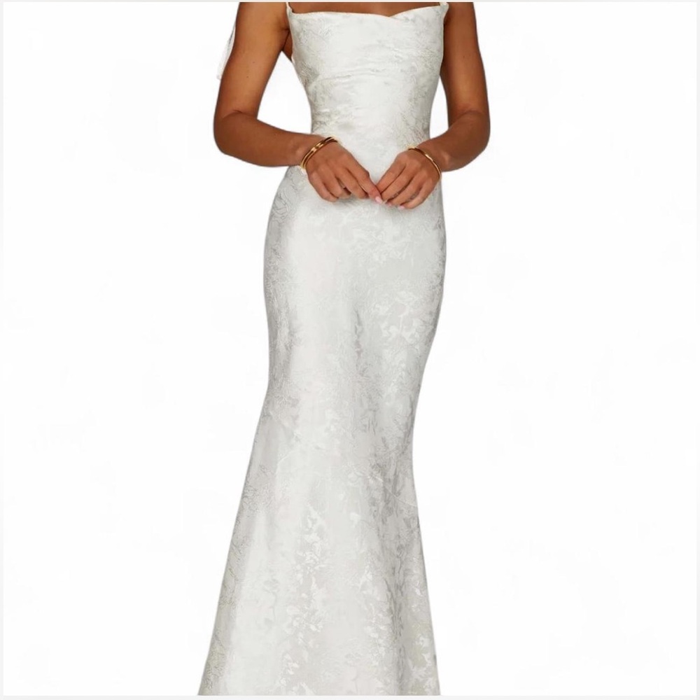 BabyBoo ivory jacquard maxi gown dress Sz XL tie up cowl neck bridal